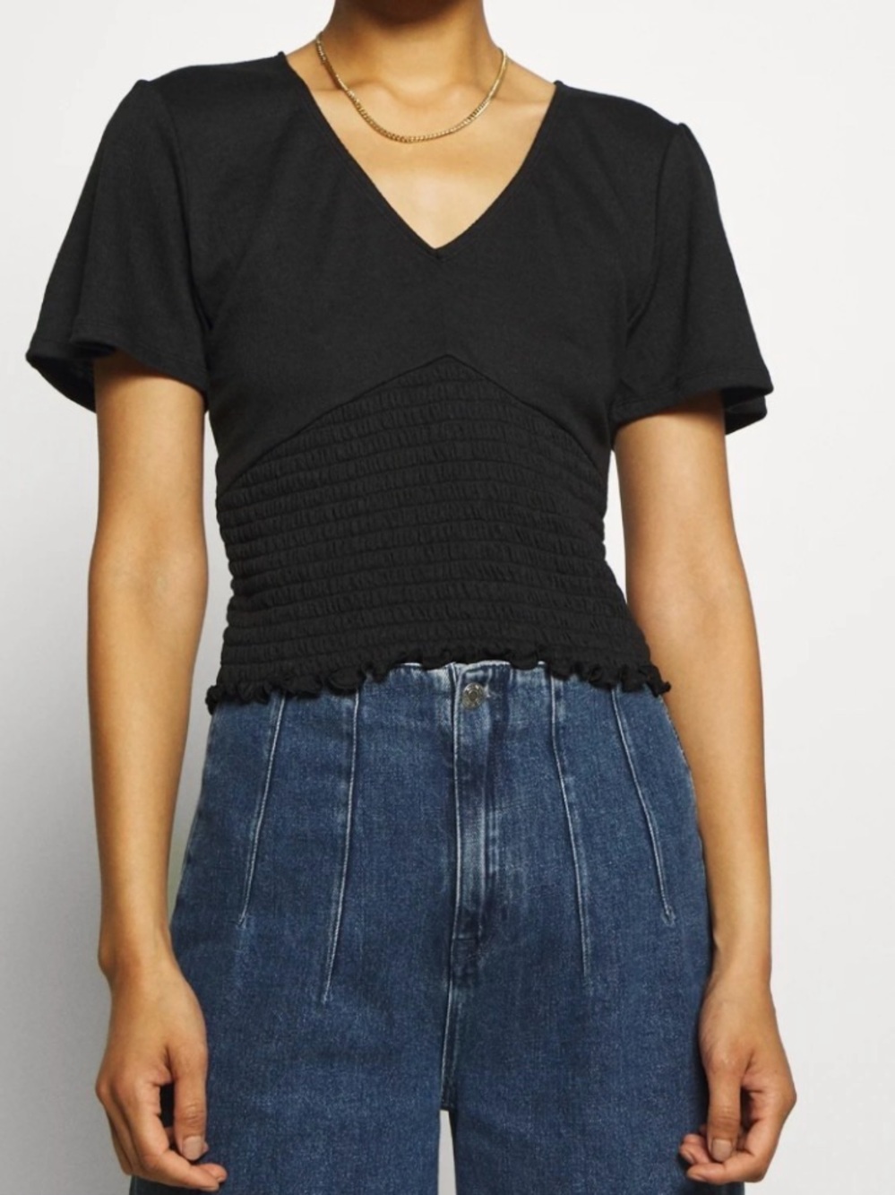 Abercrombie & Fitch Black Smocked V-Neck Crop Top